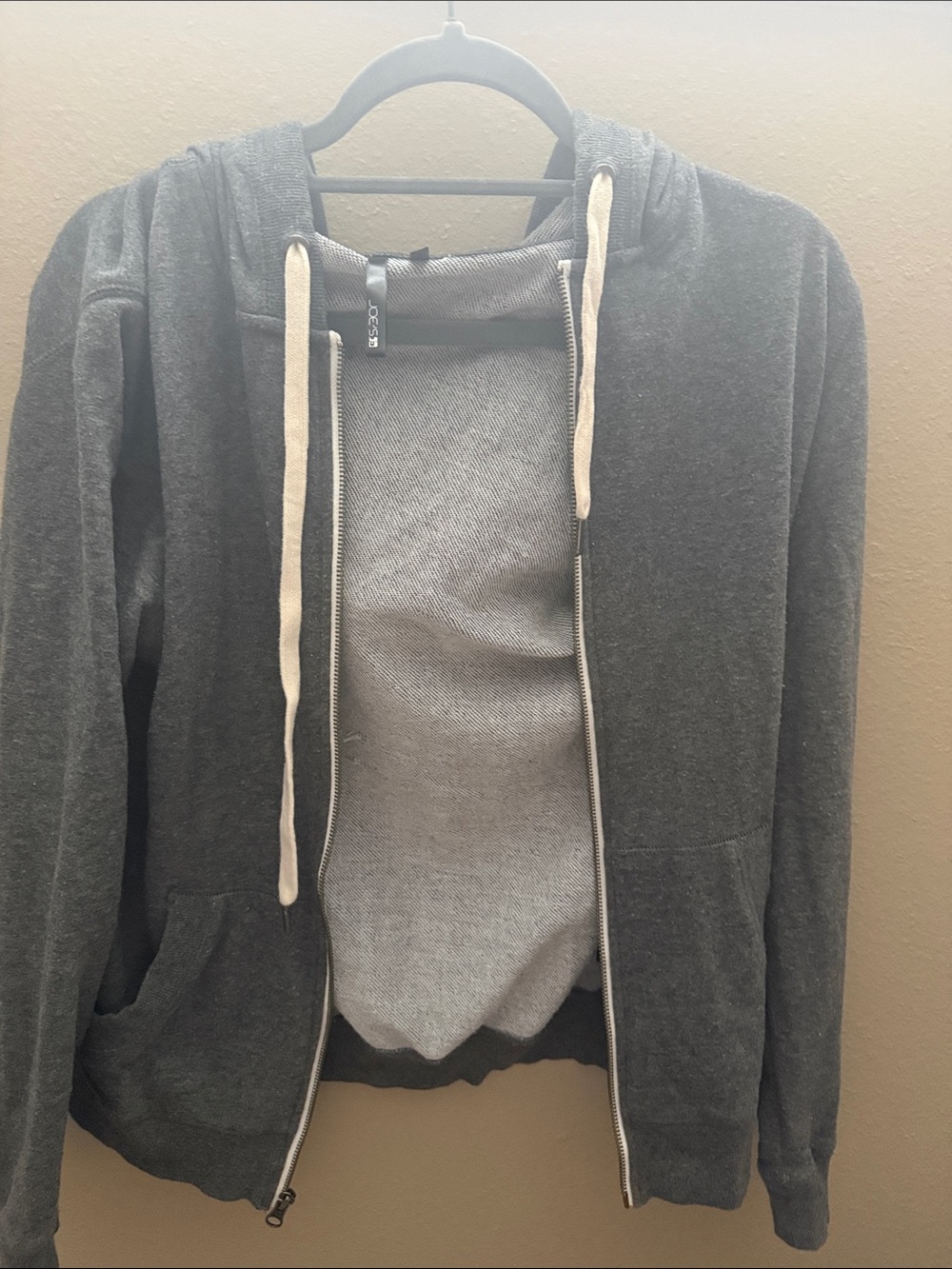 Joe's Jeans Charcoal Gray Zip Hoodie with Cream Drawstrings